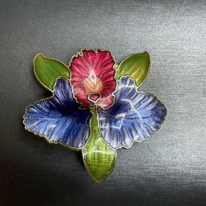Cloisonné Orchid Flower Periwinkle & Pinks Gold Tone 3D Vintage 2” Brooch